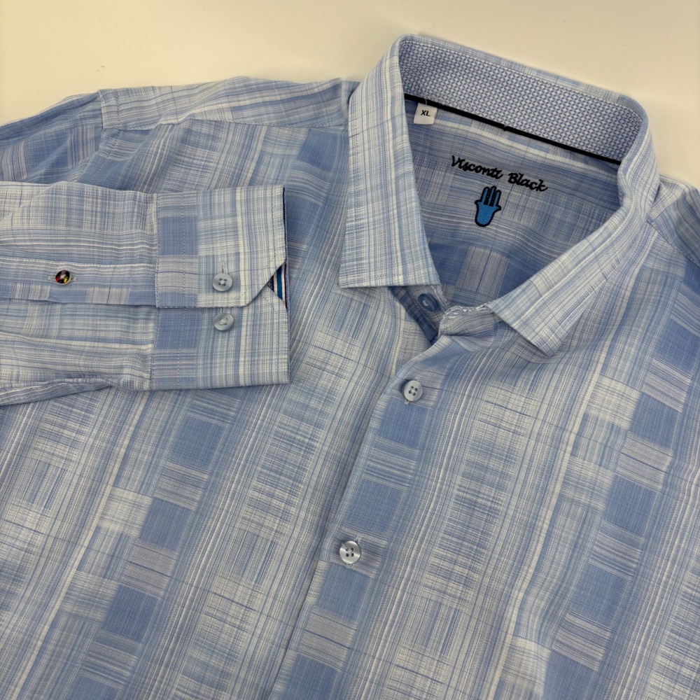 Luchiano Visconti‎ Black Shirt Mens XL Blue Plaid Cotton Long Sleeve Excellent